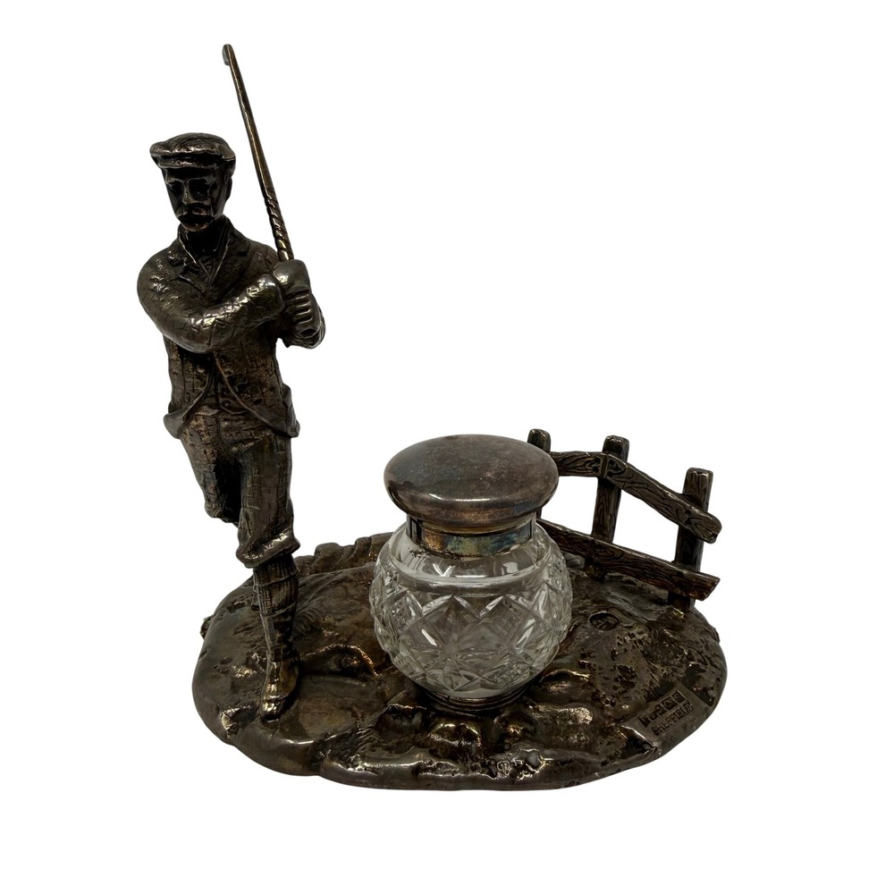 PT & Co Sheffield Inkwell Silver Plate Golfer Figure Crystal Glass Desk Petre
